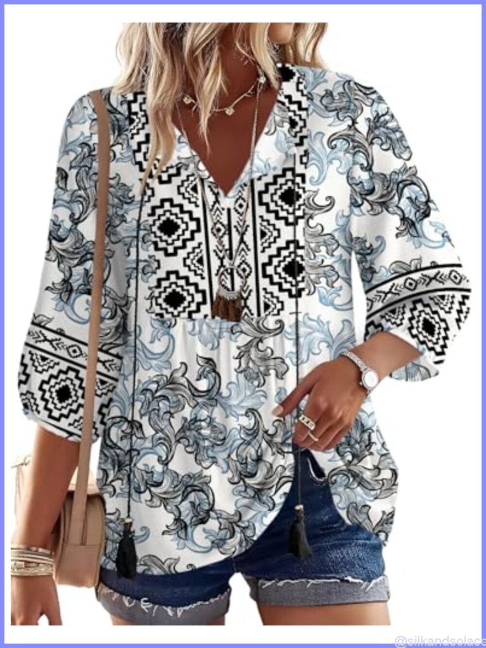 Boho Tunic Top 3/4 Sleeve Pleated V Neck Tie Front Blouse